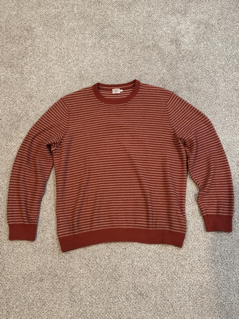 Faherty Rust and Cream Striped Crewneck Sweater
